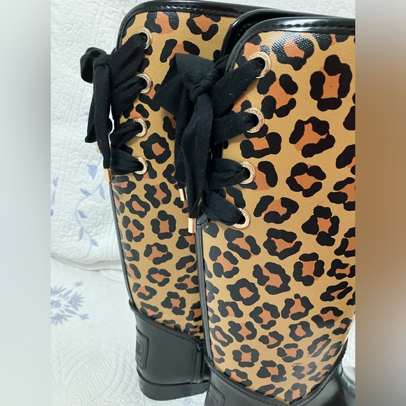 COACH Leopard/Solid Black Rain Boots with Gold Coach Grommets, Black/Gold Laces - Picture 1 of 16
